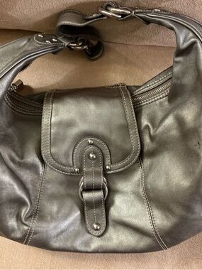 Black Leather Hobo Bag with Buckle Detail